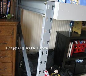 re purposed pallet racking to lofted bed little man cave, bedroom ideas, painted furniture, pallet, repurposing upcycling, The box was attached to the studs in the wall and then attached to the pallet racking uprights