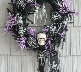 festive fall and spooky halloween front porch decor, crafts, halloween decorations, porches, seasonal holiday decor, wreaths, Spooky Til Death Do Us Part wreath decoared with skulls skeleton ribbon glitter skeletons and a pop of purple glittered leaves