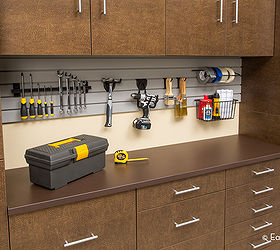 garage storage and organizing ideas, garages, organizing, storage ideas, A built in work surface made from durable high pressure laminate provides a handy space for working on projects and a customized slatwall helps keep tools close at hand