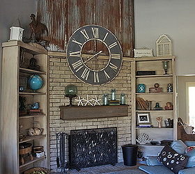 repurposed using an old barn tin roof and barn wood for a fireplace makeover, fireplaces mantels, home decor, mason jars, repurposing upcycling, Completed fireplace with repurposed items by Bella Tucker Decorative Finishes