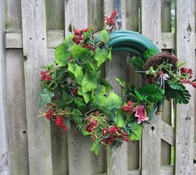 wrought iron scrap pieces made into a garden bicycle and a hose wreath, flowers, gardening, repurposing upcycling