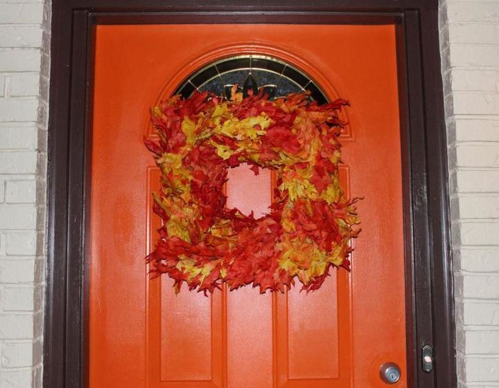 square autumn leaf wreath, crafts, seasonal holiday decor, wreaths, How great does this wreath look on my orange front door