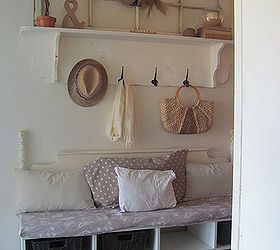 upcycled headboard into entry bench, foyer, repurposing upcycling, my new entry with headboard bench with basket cubby holes for shoes and socks shelf with hooks for hats and old window on top and display area