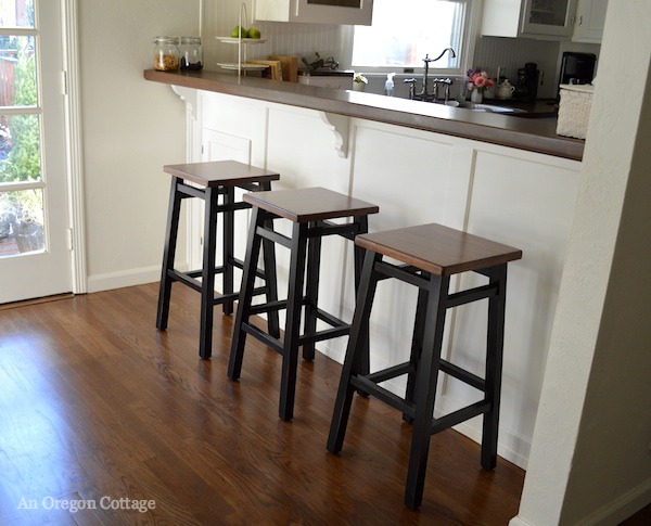 simple diy bar stool makeover, painted furniture, The stools look great now with the wood floors and counters
