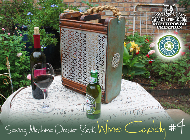 wine caddy made by repurposing sewing machine drawer racks, repurposing upcycling, I created this repurposed wine caddy with some metal screen plywood and some metal accents and a lot of custom woodwork by GadgetSponge com