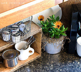 coffee pod storage with a crate and a deep fryer basket, cleaning tips, kitchen design, repurposing upcycling, I love repurposed things so creating a little coffee station out of a crate and deep fryer basket really junked things up and made them prettier too