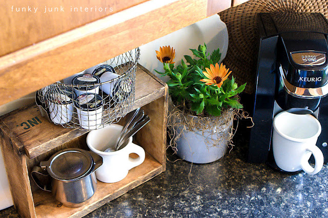 coffee pod storage with a crate and a deep fryer basket, cleaning tips, kitchen design, repurposing upcycling, I love repurposed things so creating a little coffee station out of a crate and deep fryer basket really junked things up and made them prettier too