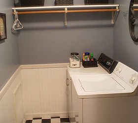 my 186 laundry room makeover, home decor, laundry rooms, organizing, After Soft blue gray color on the walls beadboard and trim new floor and black accessories and baskets to help with organization Much better