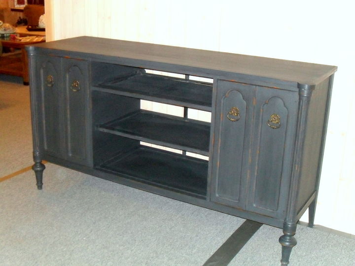 an old buffet becomes a tv console one less piece in a landfill, painted furniture, It took 3 coats of paint the old wood just kept sucking up the paint
