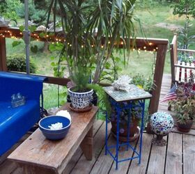 deck outdoor space, decks, flowers, outdoor furniture, painted furniture, patio, The metal glider