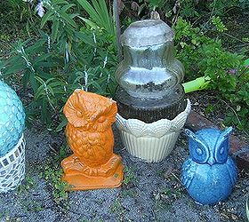 garden creatures, gardening, Some owls also charity shop finds which have been spray painted