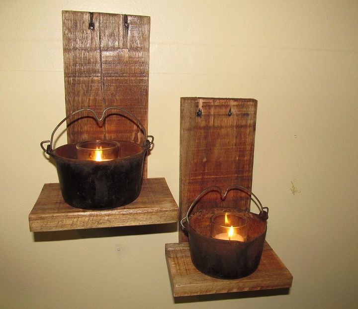 little cast iron pot candle holders with redeemed pallet wood, crafts, home decor, pallet, repurposing upcycling, woodworking projects