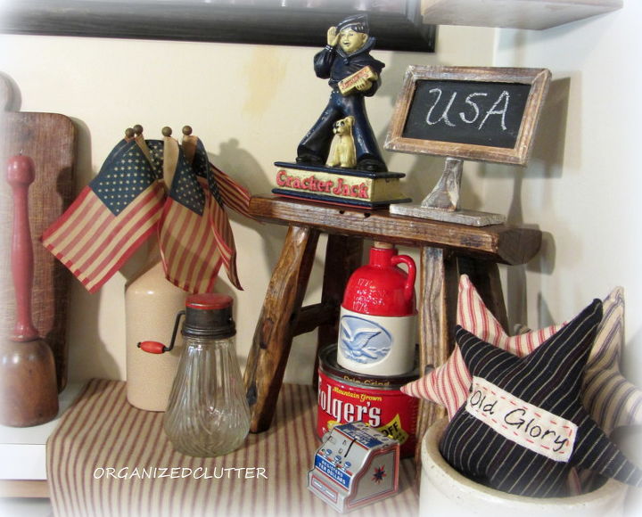 patriotic kitchen vignette, patriotic decor ideas, repurposing upcycling, seasonal holiday d cor, I added a stool for height and a red ticking placemat and the vignette was done