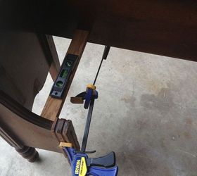 making a bench from head foot boards, diy, how to, painted furniture, repurposing upcycling, woodworking projects, Using two clamps I was able to steady and level the seat