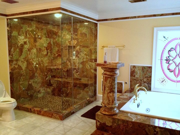i see a lot of unique homes where owners led the design and implementation, bathroom ideas, bedroom ideas, flooring, home decor, tile flooring, tiling, Well if you like the bath you ll love the shower The same stone used around the bath was used throughout the shower These photos don t begin to give this place the opulance it deserves