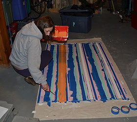 painted rug, flooring, painting, Made stripes with painters blue tape and marked the colors on each stripe as a guide