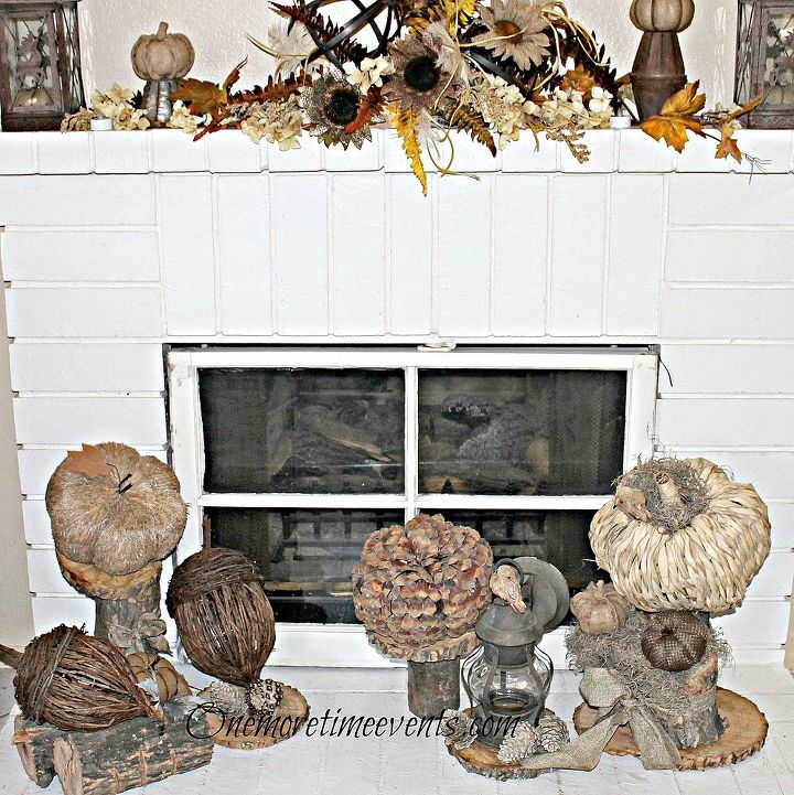 easy update logs and cut wood chargers to stage fall deco, seasonal holiday d cor, Using log chargers and log for pedestals to display Fall to your hearth