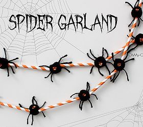 halloween spider garland, crafts, halloween decorations, seasonal holiday decor, Halloween Spider Garland made from paper straws and pom pom spiders
