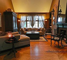 dark family room mini makeover, home decor, living room ideas, Burlap curtains made the space so much brighter