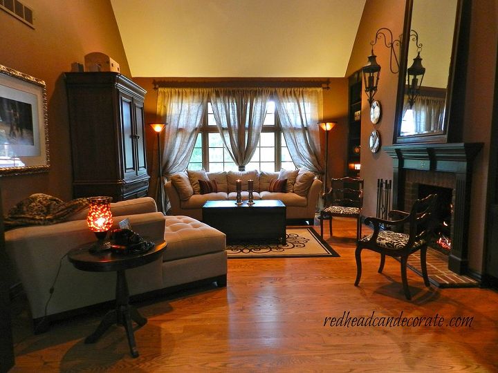 dark family room mini makeover, home decor, living room ideas, Burlap curtains made the space so much brighter