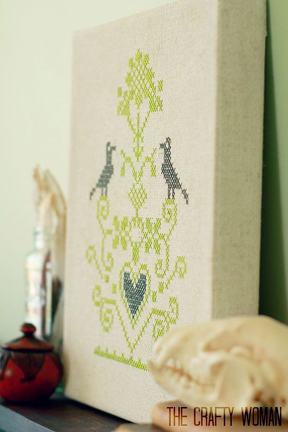 cross stitch on canvas, crafts, home decor, A traditional folk pattern is modernized by using only two colors of thread