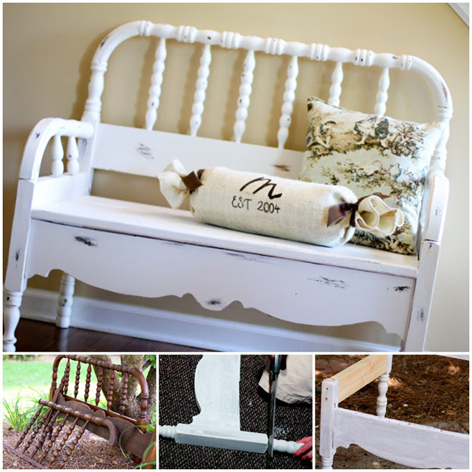 Another beautiful repurposed crib bench - this time with a shabby chic flair.