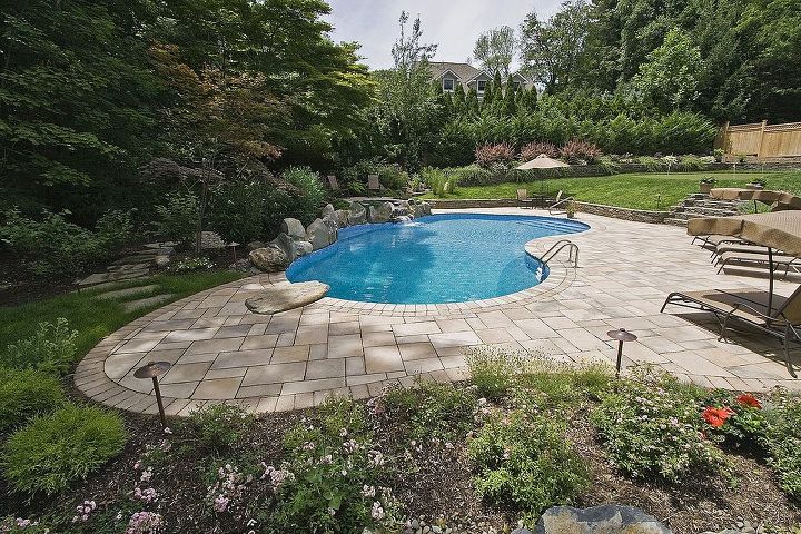 pool patio too hot concrete paver slabs looks like stone and low heat, concrete masonry, decks, outdoor living, patio, pool designs, spas, The pool patios are a concrete paver slab made by Techo Bloc and is called Inca the color is Sahara