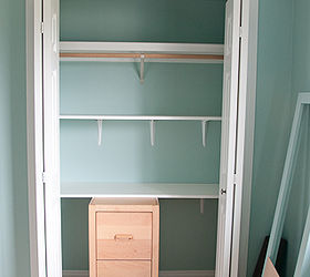 diy craft storage in a clothing closet, closet, shelving ideas, storage ideas, The bottom shelf is partially supported by a wooden file cabinet
