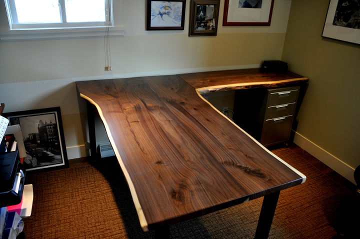 l shaped walnut slab desk, painted furniture, woodworking projects
