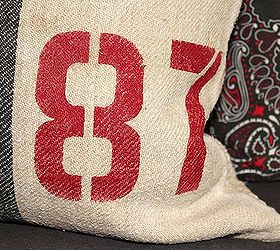 stenciled grain sack pillows, crafts, Close up of the 87 on my grain sack pillow