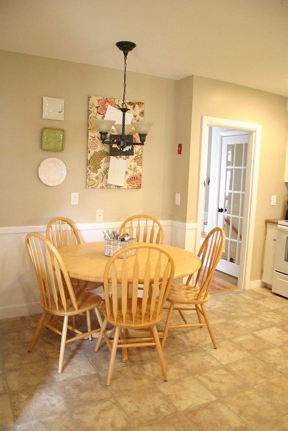 my kitchen and working with what you have, home decor, home improvement, kitchen design, A pendant light was added over the table The wall was also painted two different colors pulling into play the chair rail that was already there