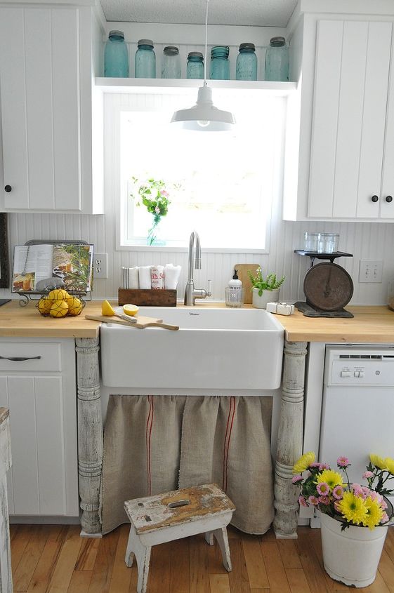 farmhouse kitchen remodel, home decor, kitchen design, Farm sink with vintage columns and a grain sack sink skirt