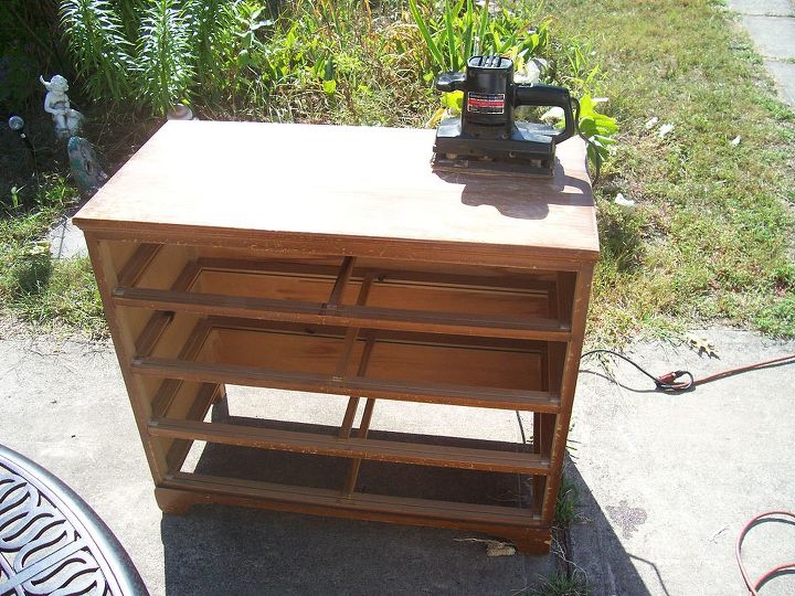 turning an old decrepit dresser into a pretty one, painted furniture, The old dresser which I had started sanding before I remembered to take a picture