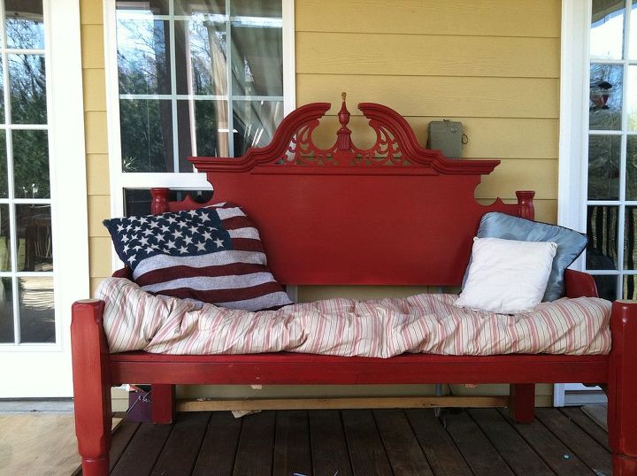 an outdoor bench made from an old queen bed frame, diy, outdoor furniture, outdoor living, painted furniture, repurposing upcycling, Ta Da