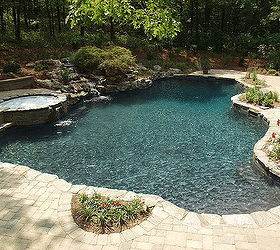 a facelift for a 22 year old this one needed it see how we transformed this, outdoor living, pool designs, spas, Natural freeform gunite swimming pool with new spillover spa mossrock waterfall tumbled stone patio landscaping