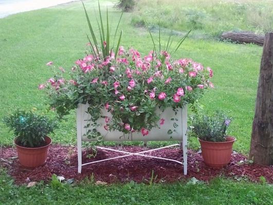 creating a vintage style garden, container gardening, gardening, outdoor living, repurposing upcycling, Dawn Query s garden vignette looks as if it could be from our grandparents era