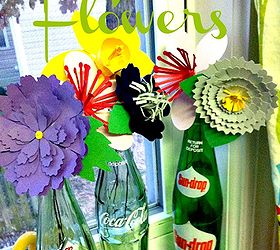 paper flowers in vintage soda bottles, crafts, repurposing upcycling