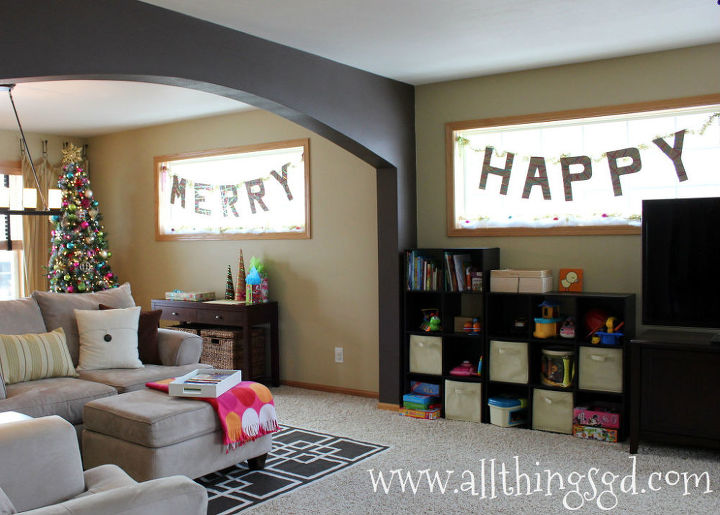 metallic ribbon wrapped holiday letters, seasonal holiday decor, I decked out the three windows in our great room with the festive phrases MERRY HAPPY and CHEER Visit post to see CHEER Who couldn t use a little Merry Happy Cheer this holiday season