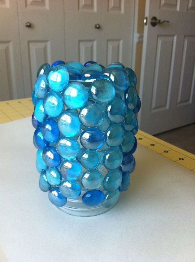 diy garden art, crafts, gardening, I glued the marbles all over the jar in a random pattern