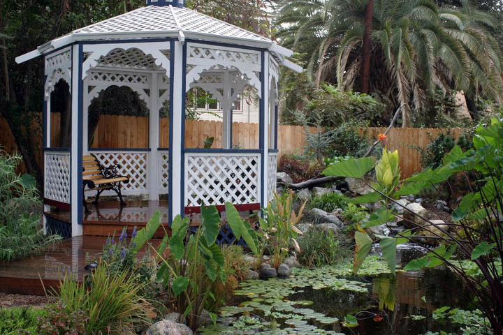 gazebos and ponds some things just go together, gardening, outdoor living, ponds water features, A cottage style gazebo provides great seating by the pond