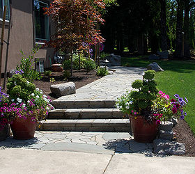 pavers with boulders and slate integrated by ross nw watergardens portland, concrete masonry, curb appeal, landscape, outdoor living, patio, New front walkway Boulders and bluestone slate elevate this paver install By Ross NW Watergardens in Portland OR