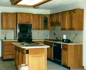 this spring i transformed my outdated kitchen with paint tinted concrete frogtape, concrete masonry, concrete countertops, countertops, kitchen design, Va Beach kitchen Before outdated washed out looking beige laminate counters red sink eyesore