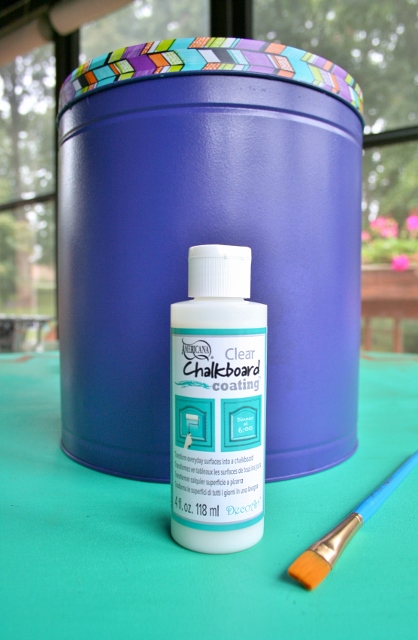 upcycled popcorn tin into charcoal bin, chalkboard paint, crafts, repurposing upcycling, Use clear chalkboard paint to make a writable surface