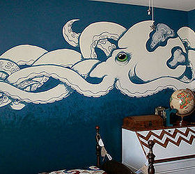 the giant octopus wall, bedroom ideas, home decor, painting, repurposing upcycling