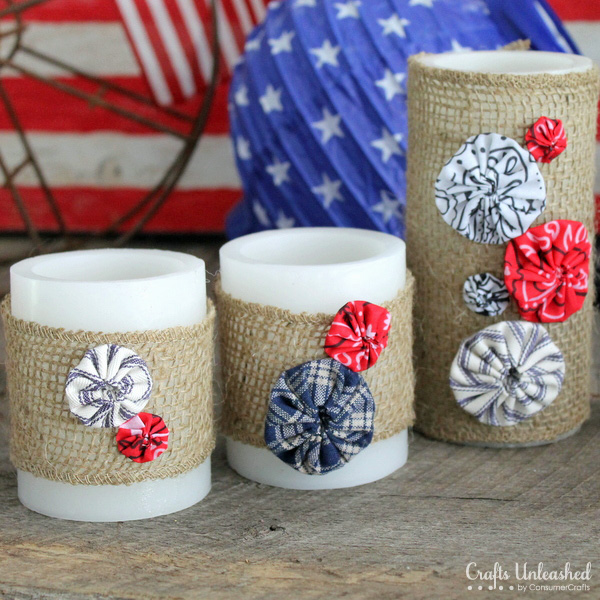 burlap yo yo patriotic candle wraps, crafts, patriotic decor ideas, seasonal holiday decor, The perfect addition to your summer 4th of July decor