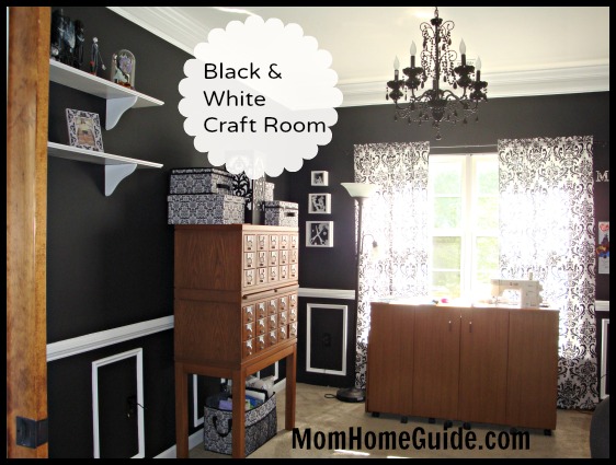 dining room turned awesome black and white craft room, craft rooms, home decor, Card catalog turned craft storage and a very large fold out sewing table