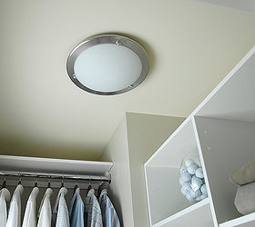men s master closet renovation, closet, shelving ideas, The mister picked this light fixture around 28 from Lowes It is very low profile so it doesn t obstruct access to the top shelves