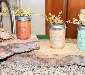 painted fall mason jars, crafts, mason jars, painting, adding floral and placing on wood pieces cut from wood stump