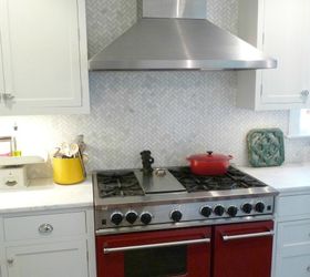 tips on creating a vintage modern kitchen, home decor, kitchen backsplash, kitchen design, A red stove for a modern touch but the stove oven combo is old style See entire kitchen here
