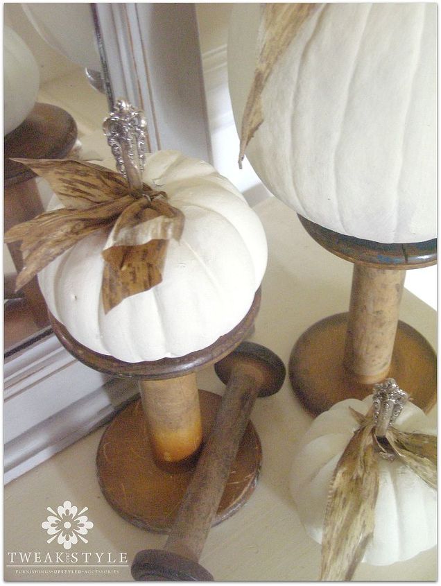 tarnished silver stemmed pumpkins, crafts, halloween decorations, seasonal holiday decor, Wooden spools and corn husks for a touch of rustic